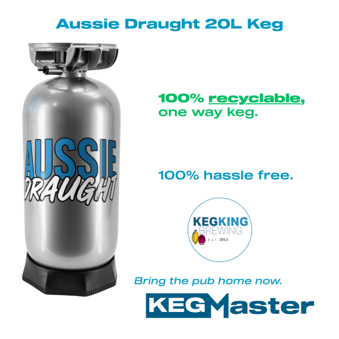 Australia's favourite Aussie Draught, not professionally brewed in 20L recyclable kegs.